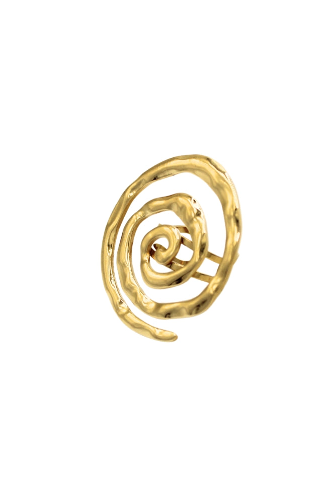 Detalle lateral del Anillo Espiral Maracuyá, mostrando su diseño abierto y ajustable.
