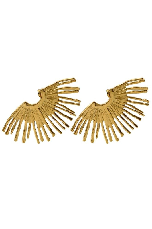 Pendientes Sunset dorados con forma de abanico irregular inspirado en rayos solares.